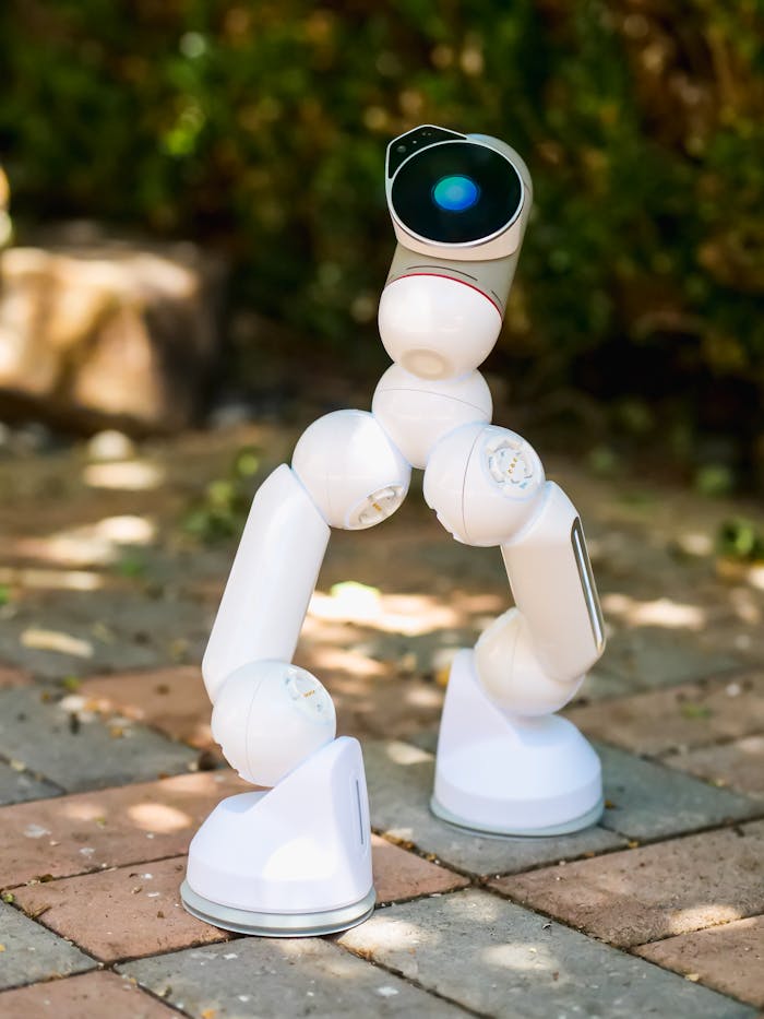 Modern white robot walking on a brick pathway, showcasing innovation in robotics.