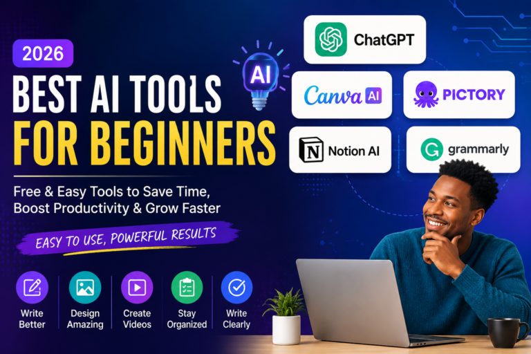 est AI tools for beginners in 2026 including ChatGPT, Canva AI, Pictory, Notion AI, and Grammarly