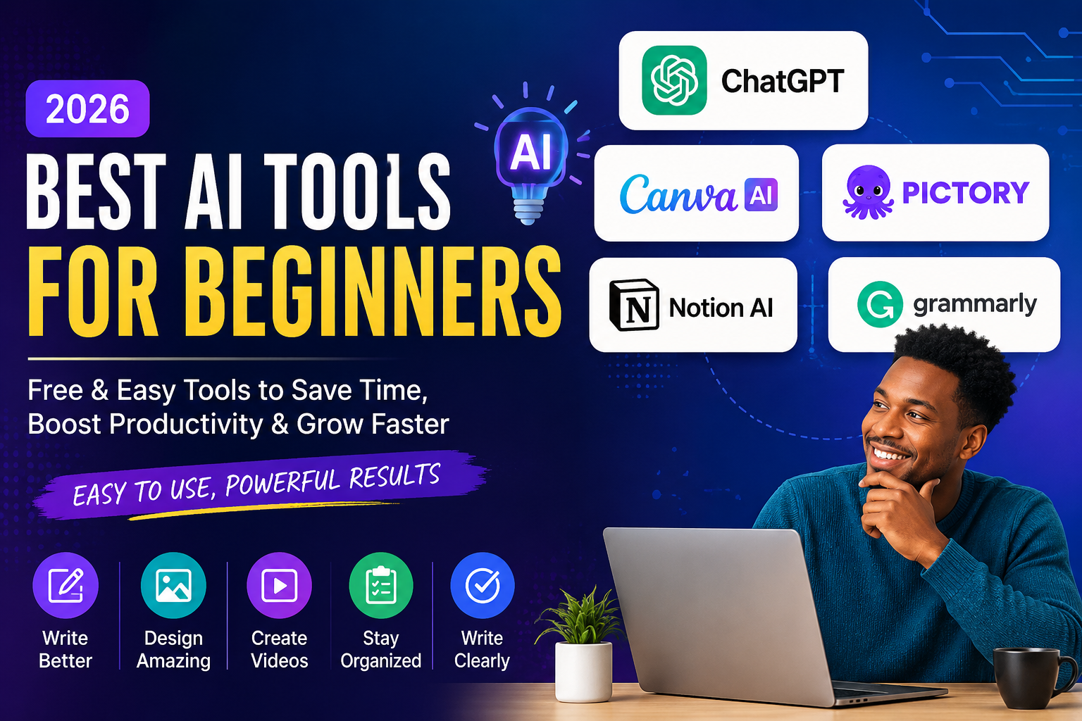 est AI tools for beginners in 2026 including ChatGPT, Canva AI, Pictory, Notion AI, and Grammarly